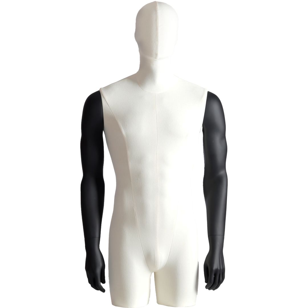 Torse mannequin homme recouvert de tissu blanc avec bras tendus noirs